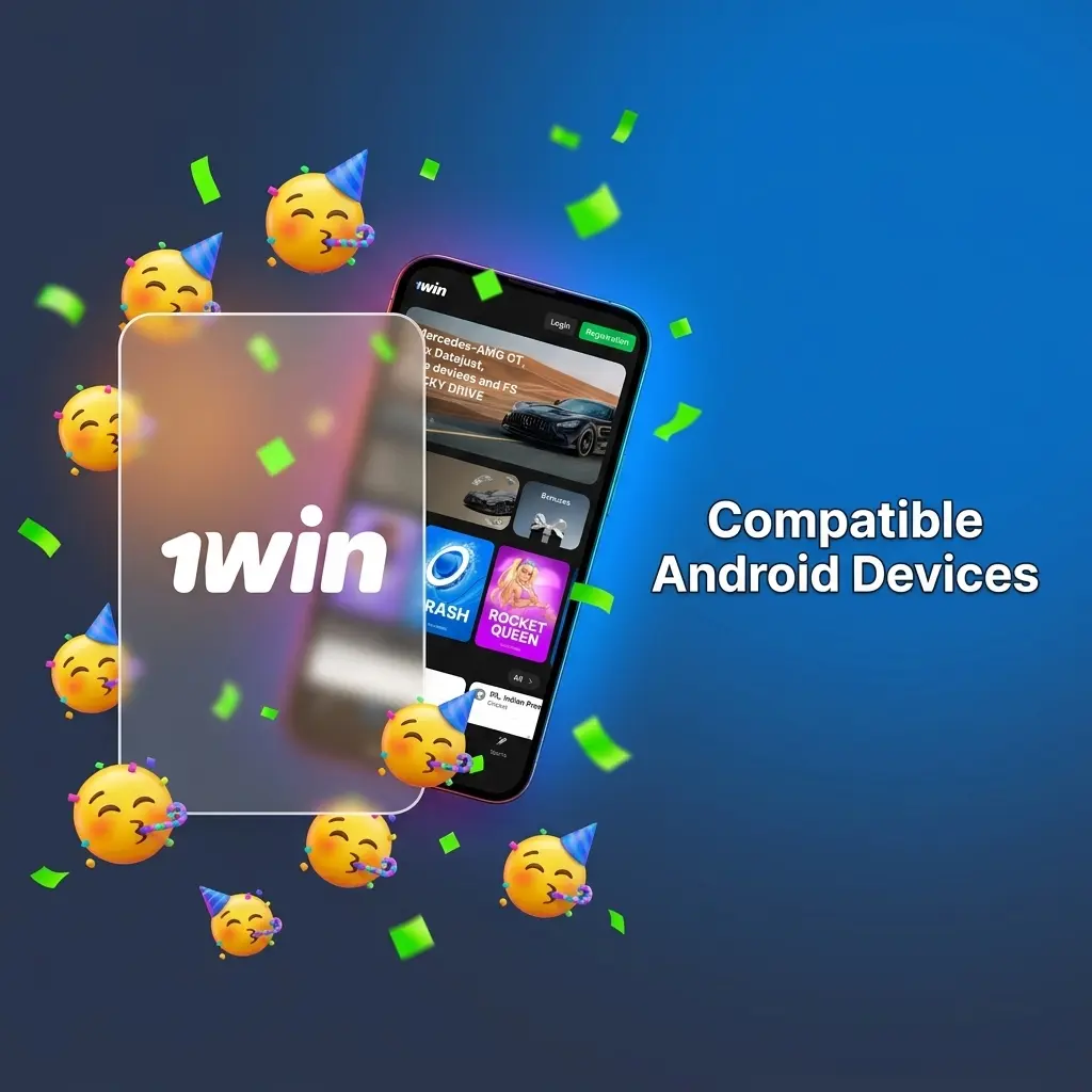 List of compatible Android devices for 1win app including Samsung, Redmi, Realme, OnePlus, Vivo, OPPO, Motorola and Poco